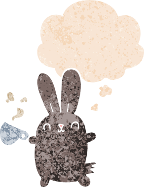 Elinde kahve fincanı olan sevimli çizgi film tavşanı. Düşünce baloncuğu ve grunge desenli bir insan tarafından çizilmiş desenli.