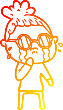 Bir insan tarafından çizilmiş gözlüklü, ağlayan bir kadının çizgi film çizimi.