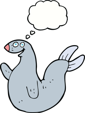 Bir insan tarafından çizilmiş düşünce baloncuklu mutlu fok.