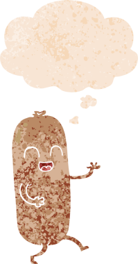 Düşünce baloncuğuyla dans eden çizgi film sosisi bir insan tarafından çizilmiş dertli retro stili.