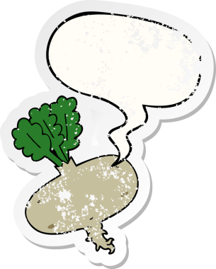 Konuşma baloncuklu pancar kökü bir insan tarafından çizilmiş sıkıntılı eski bir çıkartma