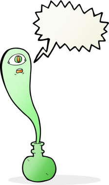 Şişede cadılar bayramı hayaleti ve bir insan tarafından çizilmiş konuşma balonu.