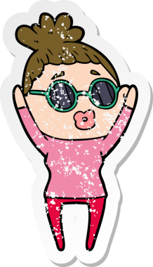 Bir insan tarafından çizilmiş güneş gözlüğü takan karikatürlü bir kadının sıkıntılı çıkartması.