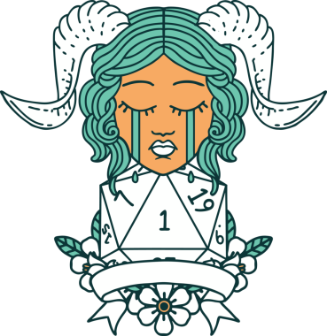 Retro Dövme Tarzı Ağlama Yüzü Doğal 1 D20 Dice ile Bir insan tarafından çizilmiş