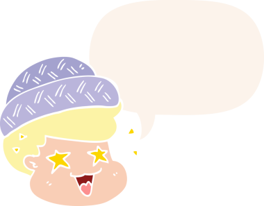 Çizgi film çocuğu şapkalı, konuşma baloncuğu olan eski moda bir insan tarafından çizilmiş.