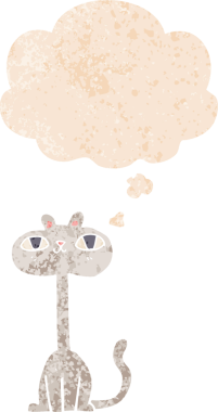 grunge 'da düşünce baloncuğu olan çizgi film kedisi bir insan tarafından çizilmiş dertli retro desenli