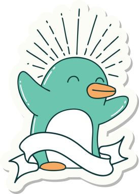 Bir insan tarafından çizilmiş mutlu penguen dövmesi çıkartması.