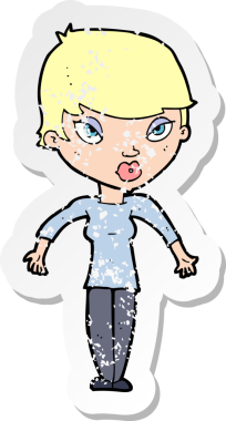 Bir insan tarafından çizilmiş omuzlarını silken karikatürlü bir kadının gerilmiş çıkartması.