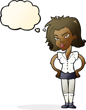 Bir insan tarafından çizilmiş düşünce baloncuğu olan elleri kalçasında çizgi film kadını.