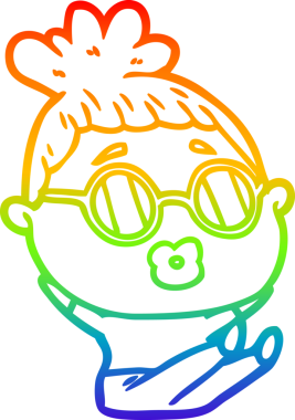 Bir insan tarafından çizilmiş gözlüklü, oturan bir kadının çizimi.