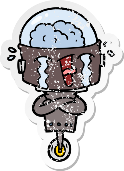 Bir insan tarafından çizilmiş, karikatür ağlayan robot çıkartması.