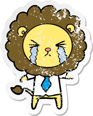 Bir insan tarafından çizilmiş gömlek ve kravat giymiş ağlayan bir aslanın sıkıntılı çıkartması.