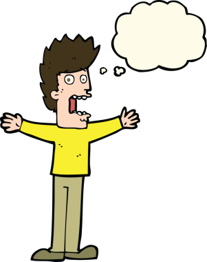 Bir insan tarafından çizilmiş düşünce baloncuğuyla dehşete düşmüş bir adam.