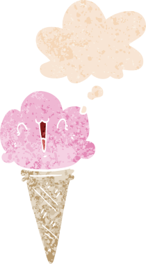 Yüzünde düşünce kabarcığı olan karikatür dondurması bir insan tarafından çizilmiş dertli retro tarzı.