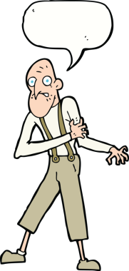 Karikatür ihtiyarı bir insan tarafından çizilmiş bir konuşma balonuyla kalp krizi geçiriyor.