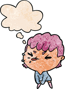 Düşünce baloncuğu olan kaba bir çizgi film karakteri bir insan tarafından çizilmiş.