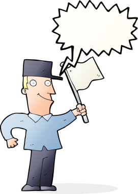 Bir insan tarafından çizilmiş konuşma balonuyla bayrak sallayan çizgi film adamı.