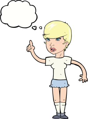 Bir insan tarafından çizilmiş düşünce baloncuğu fikri olan karikatür kadın.