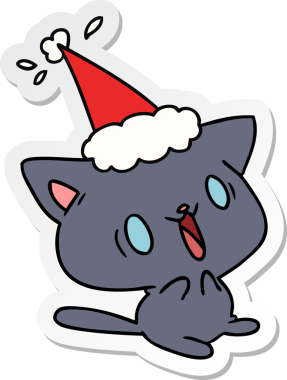 Bir insan tarafından çizilmiş kawaii kedisinin el çizimi Noel çıkartması.