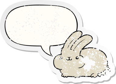 Konuşma baloncuğu olan çizgi film tavşanı bir insan tarafından çizilmiş sıkıntılı eski bir çıkartma