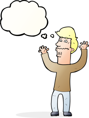 Bir insan tarafından çizilmiş düşünce baloncuğu olan sinirli bir adam.