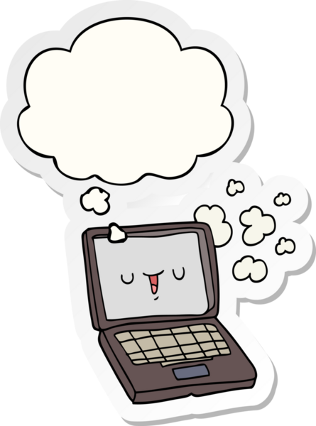 İnsan tarafından çizilmiş bir çıkartma olarak düşünce baloncuklu çizgi film bilgisayarı