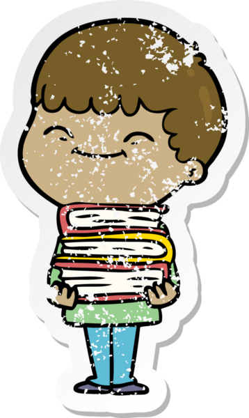 Bir insan tarafından çizilmiş kitapları olan mutlu bir çocuğun sıkıntılı çıkartması.