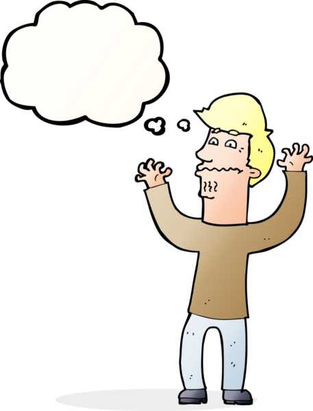 Bir insan tarafından çizilmiş düşünce baloncuğu olan sinirli bir adam.