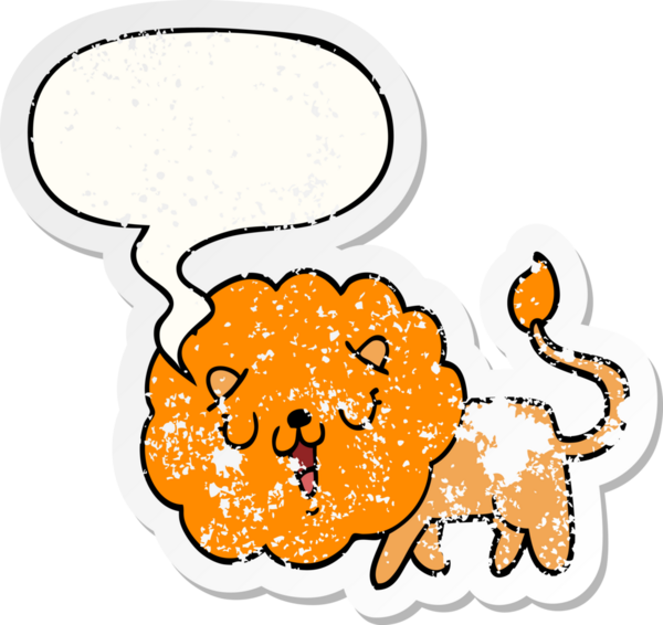 Konuşma baloncuğu olan sevimli çizgi film aslanı bir insan tarafından çizilmiş sıkıntılı, yaşlı bir çıkartma.