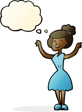 Bir insan tarafından çizilmiş düşünce baloncuğuyla kollarını kaldırmış çizgi film kadını.