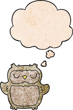 bir insan tarafından çizilmiş grunge doku biçiminde düşünce baloncuğu olan çizgi film baykuşu