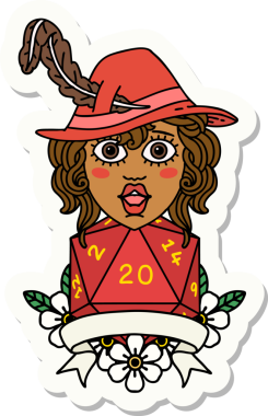 Bir insan ozan karakterinin çıkartması. Bir insan tarafından çizilmiş doğal 20 zar.