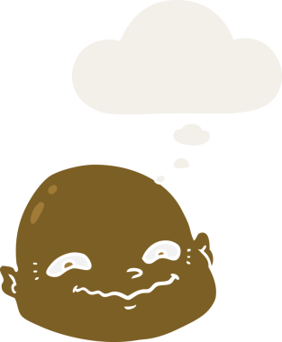 Düşünce baloncuğu olan, insan tarafından çizilmiş kel bir adam.