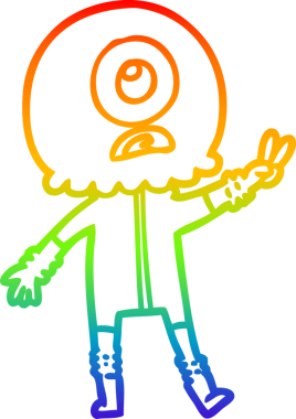 Gökkuşağı gradyan çizgi çizimi Bir insan tarafından çizilmiş barış işareti veren uzaylı uzay adamının çizimi