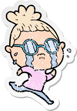 Bir insan tarafından çizilmiş gözlüklü, ağlayan bir karikatür çıkartması.