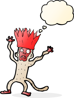 Bir insan tarafından çizilmiş düşünce balonlu korkmuş maymun çizgi filmi.