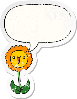 Konuşma baloncuğu olan karikatür çiçeği bir insan tarafından çizilmiş sıkıntılı eski bir çıkartma