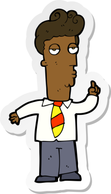 Karikatür çıkartması. Sıkılmış bir adam, bir insan tarafından çizilmiş sorular soruyor.