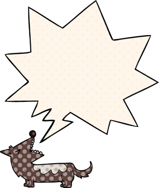 Bir insan tarafından çizilmiş çizgi roman tarzında konuşma balonu olan çizgi film köpeği.