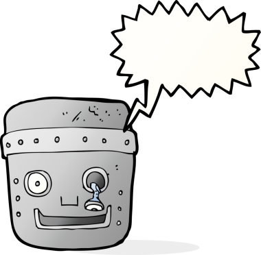 bir insan tarafından çizilmiş konuşma balonlu robot kafası.