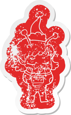 Bir insan tarafından çizilmiş Noel Baba şapkası giyen uzaylı bir kızın garip bir karikatürü.