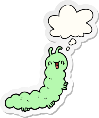 İnsan tarafından çizilmiş bir çıkartma olarak düşünce baloncuğu olan çizgi film tırtılı.