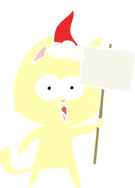 Bir insan tarafından çizilmiş Noel Baba şapkası takan bir kedinin düz renkli çizimi.