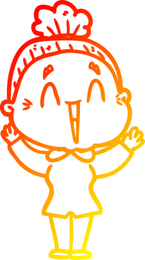 Bir insan tarafından çizilmiş mutlu, yaşlı bir kadının sıcak çizgi çizimi.