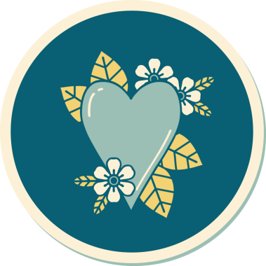 Bir insan tarafından çizilmiş botanik kalbin geleneksel stiliyle dövme çıkartması.