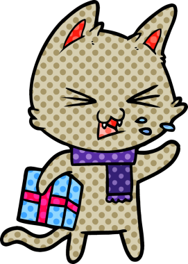 Bir insan tarafından çizilmiş Noel hediyeli tıslayan kedi çizgi filmi.