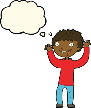 Bir insan tarafından çizilmiş düşünce baloncuğu olan heyecanlı çocuk.