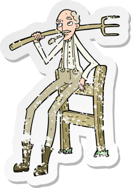 Bir insan tarafından çizilmiş çitlere yaslanmış yaşlı bir çiftçi çizgi filminin kederli retro yapıştırması.