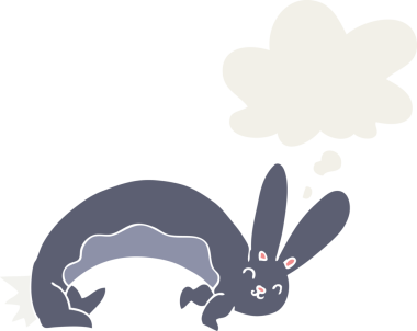 Bir insan tarafından çizilmiş düşünce baloncuklu komik çizgi film tavşanı.