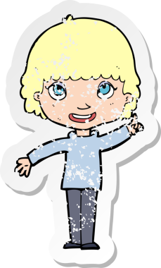 İnsan tarafından çizilmiş bir fikri olan karikatür bir kadının gerilimli retro yapıştırması.